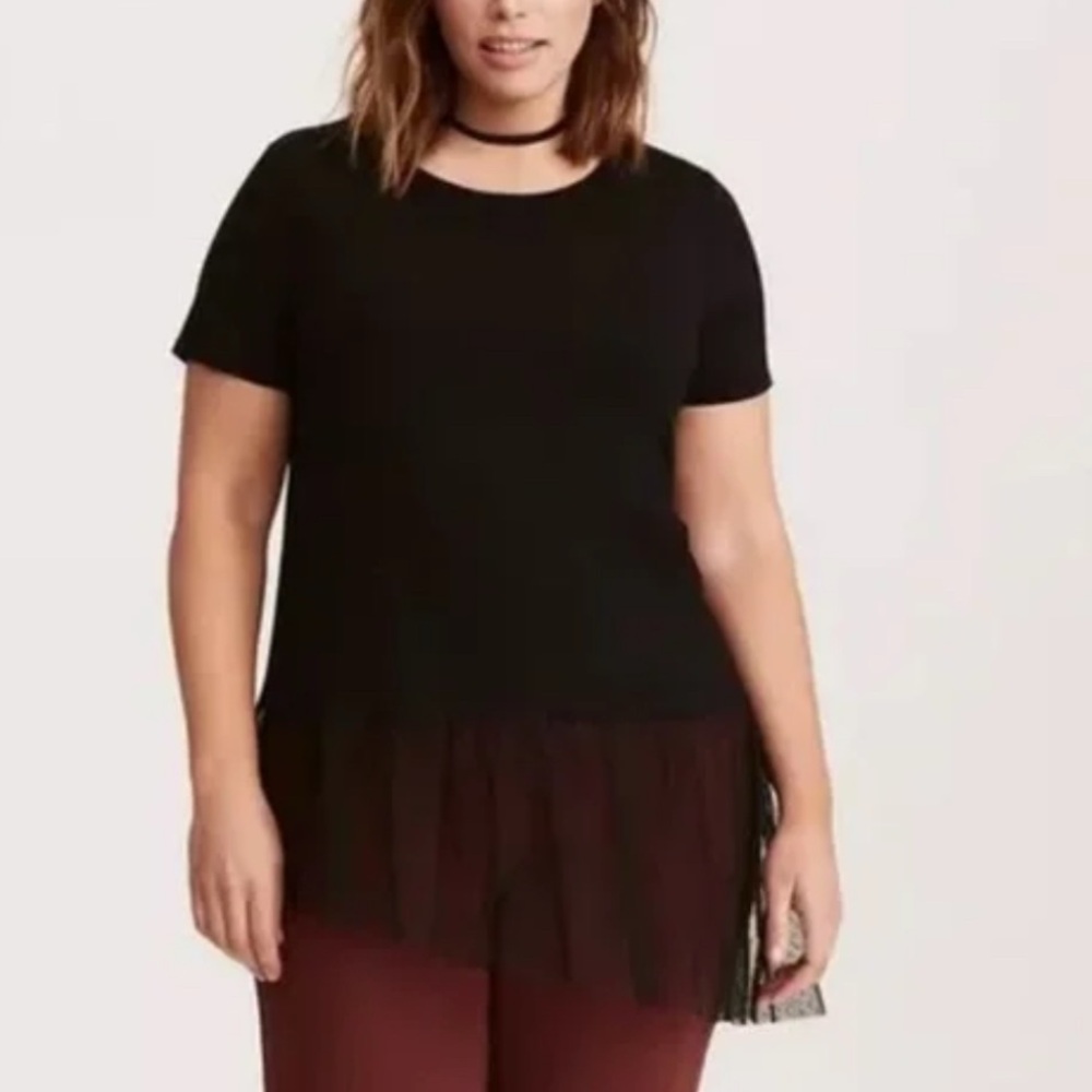 Torrid black asymmetrical mesh bottom short sleeved top Size 2X